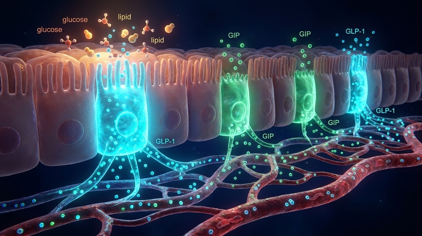 Visualisation 3D du système entérocytaire intestinal avec cellules L sécrétant du GLP-1 et cellules K sécrétant du GIP en réponse à l'arrivée de nutriments dans la lumière intestinale, lueur cyan et émeraude