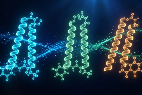 Visualisation 3D comparée des hormones incrétines GLP-1 cyan GIP vert et glucagon orange chaînes peptidiques alignées en parallèle, mécanismes médicaments anti-obésité