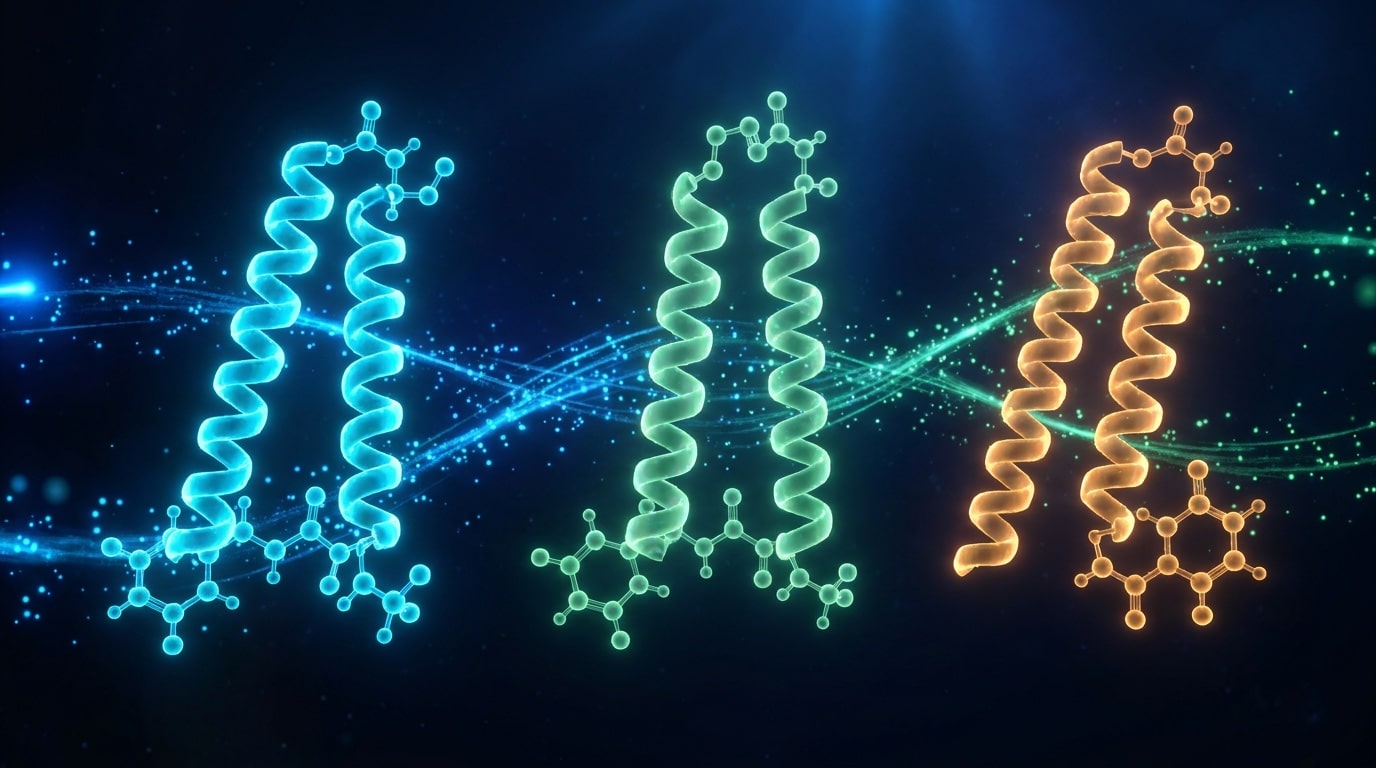 Visualisation 3D comparée des hormones incrétines GLP-1 cyan GIP vert et glucagon orange chaînes peptidiques alignées en parallèle, mécanismes médicaments anti-obésité
