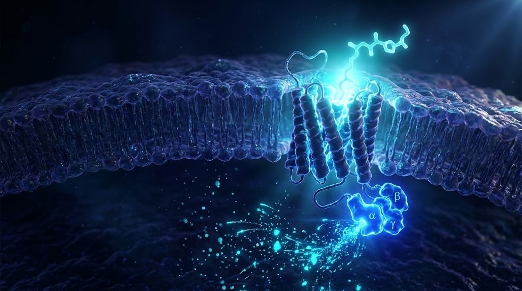 Visualisation 3D d'un récepteur couplé aux protéines G GLP-1 sur membrane cellulaire avec ligand peptidique en cours de fixation, signalisation downstream illuminée en cyan et électrique bleu sur fond cinématique sombre
