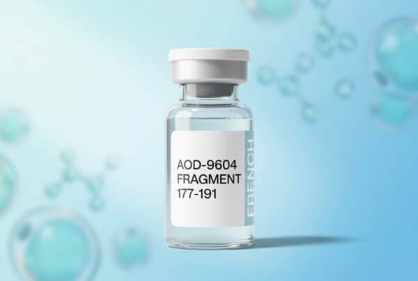 Flacon de recherche AOD-9604 Fragment 177-191 French Peptides avec adipocytes cyan en bokeh, design pharma éditorial moderne