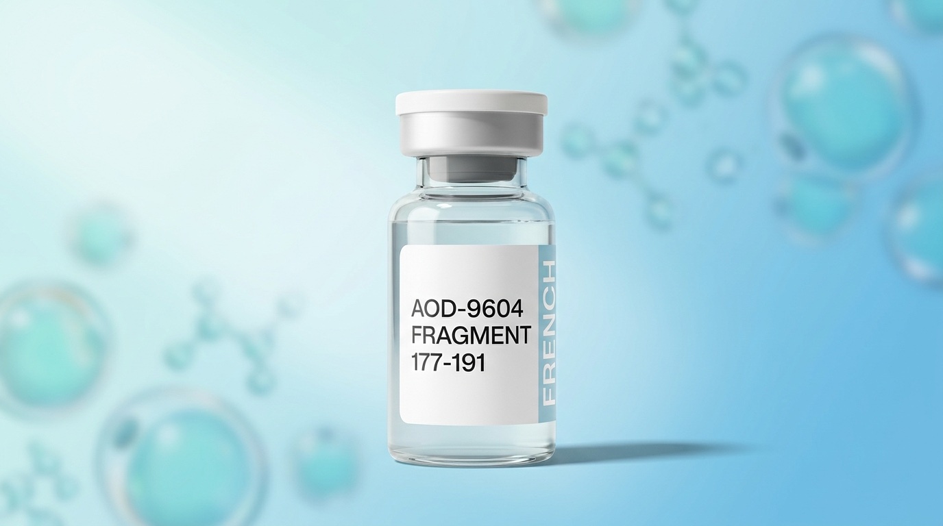 Flacon de recherche AOD-9604 Fragment 177-191 French Peptides avec adipocytes cyan en bokeh, design pharma éditorial moderne