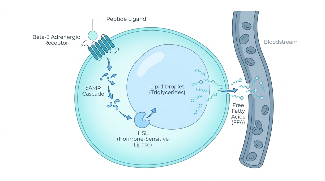 Schéma scientifique du mécanisme lipolytique de l'AOD-9604 : activation récepteur beta-3 adrénergique adipocytaire, cascade cAMP, HSL, libération d'acides gras libres