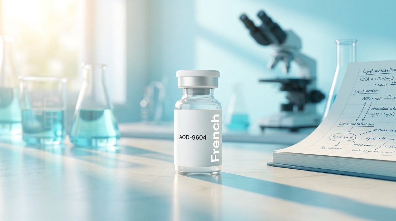 Flacon AOD-9604 Fragment 177-191 French Peptides sur paillasse de laboratoire avec verrerie scientifique en bokeh, recherche pharmaceutique préclinique