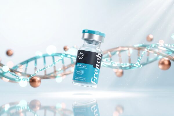 Flacon de peptide de recherche GHK-Cu French Peptides avec reseau de fibres collagene elastine et atomes de cuivre, elasticite cutanee