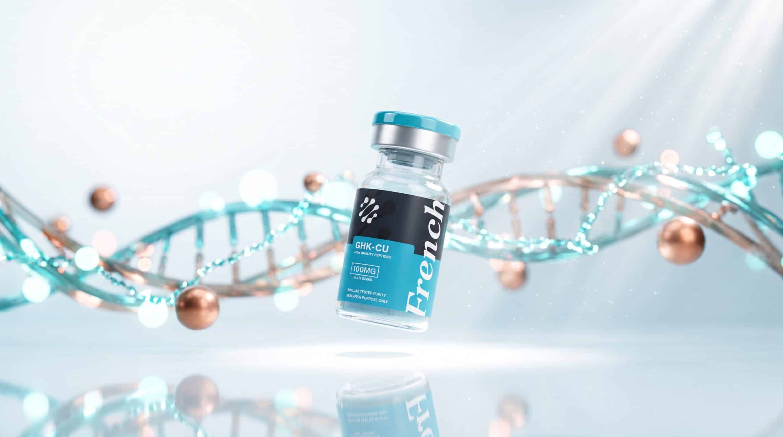 Flacon de peptide de recherche GHK-Cu French Peptides avec reseau de fibres collagene elastine et atomes de cuivre, elasticite cutanee