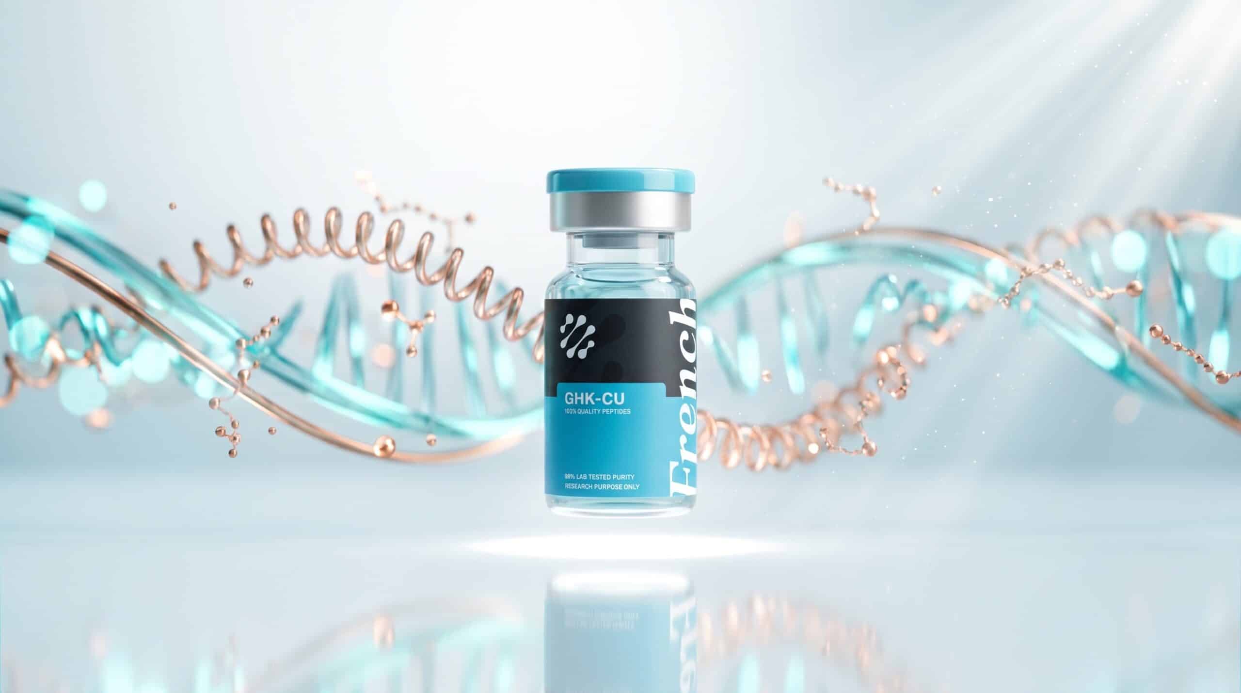 Flacon de peptide de recherche GHK-Cu French Peptides sur fond clair, réseau de fibres de collagène et d'élastine en régénération avec accents cuivre