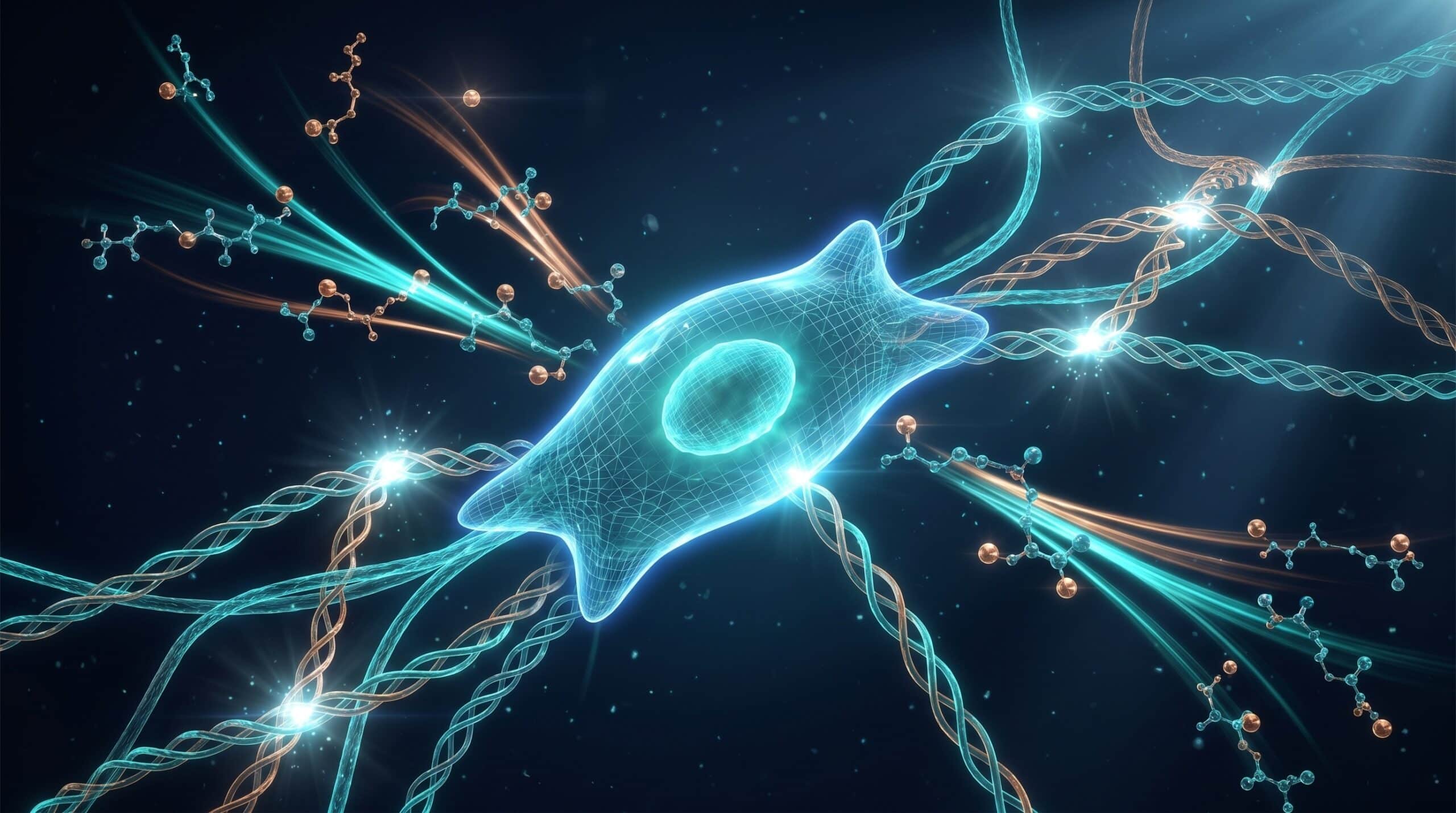 Illustration biotech du mécanisme : fibroblaste stimulé par le GHK-Cu, synthèse de collagène et d'élastine, fibres et atomes de cuivre lumineux sur fond bleu nuit