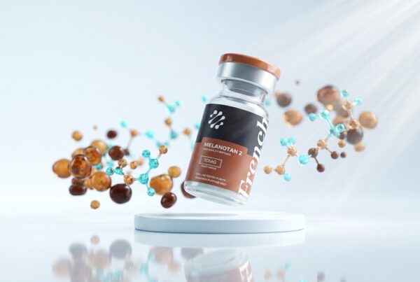 Flacon de peptide de recherche Melanotan 2 French Peptides avec grains de pigment melanine bronze, melanogenese