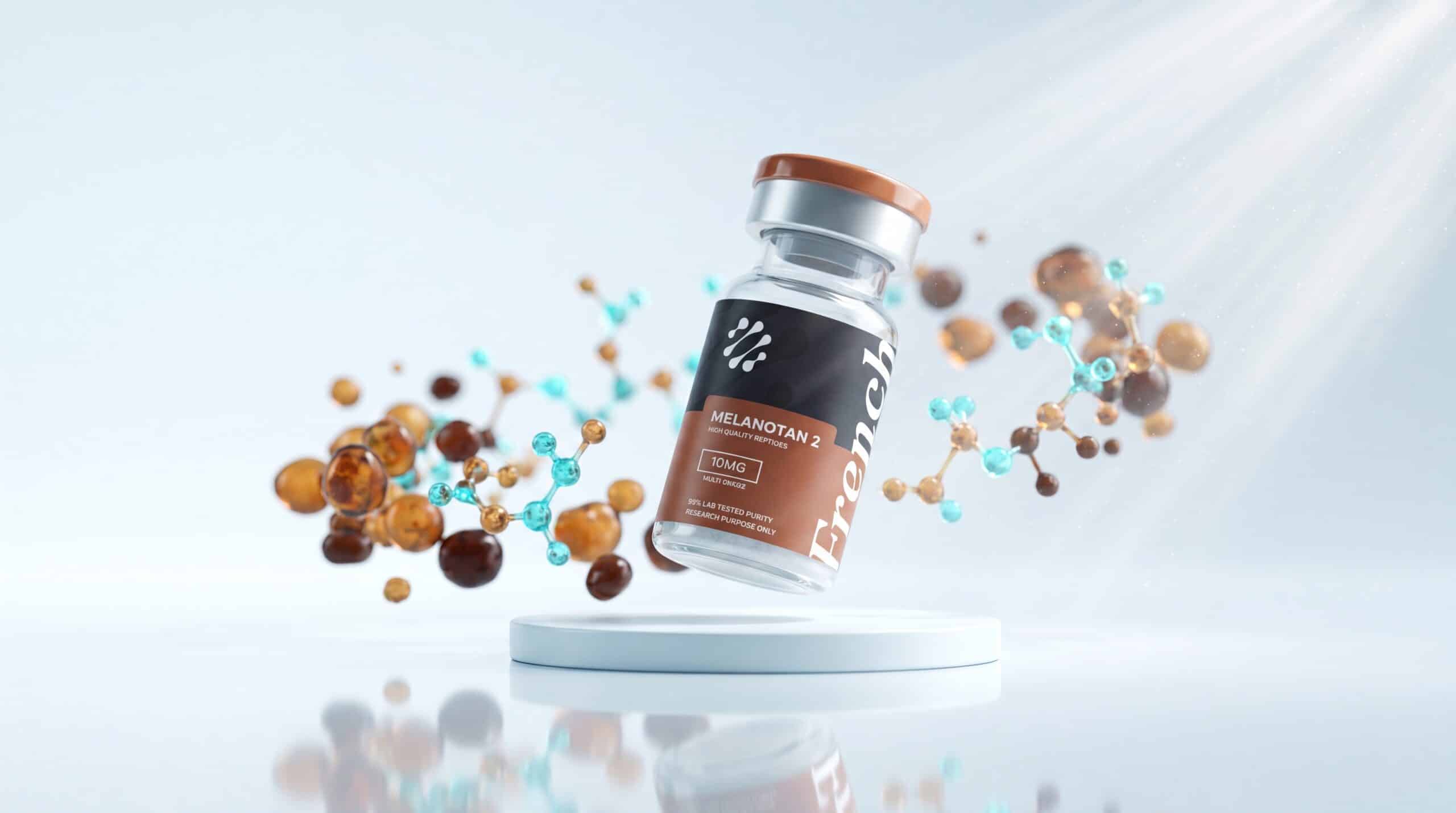 Flacon de peptide de recherche Melanotan 2 French Peptides avec grains de pigment melanine bronze, melanogenese