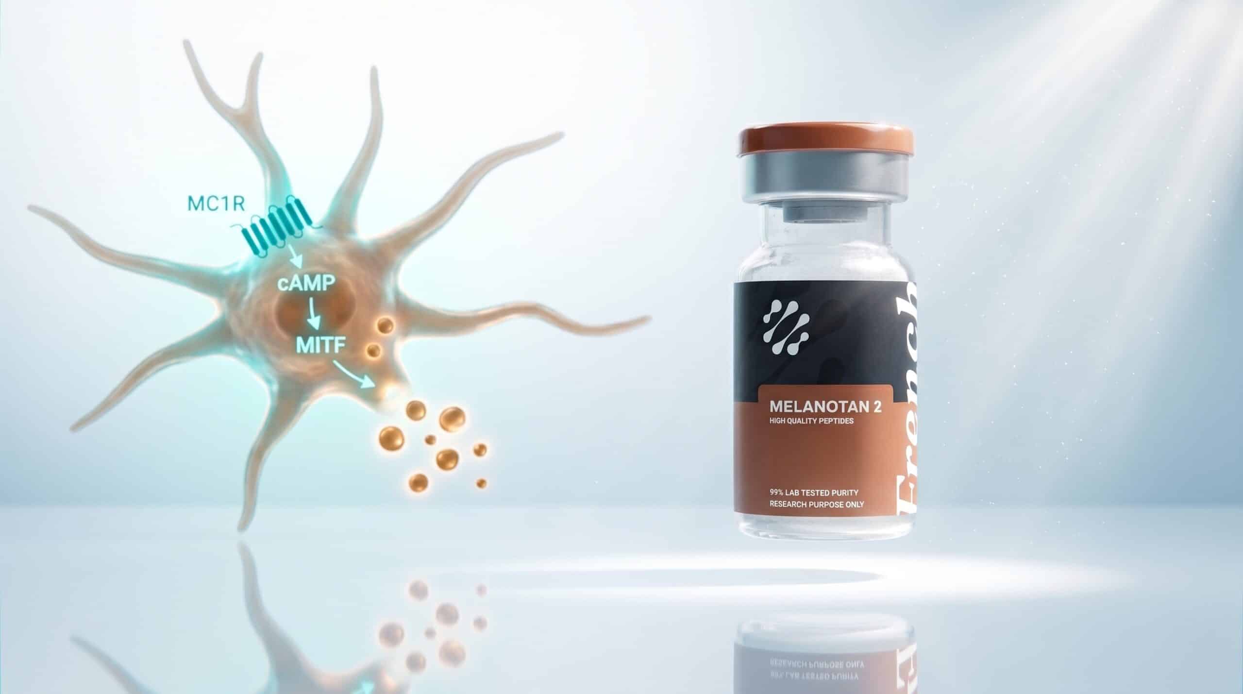 Flacon de peptide de recherche Melanotan 2 French Peptides sur fond clair, récepteur MC1R et cascade de signalisation de la mélanogenèse