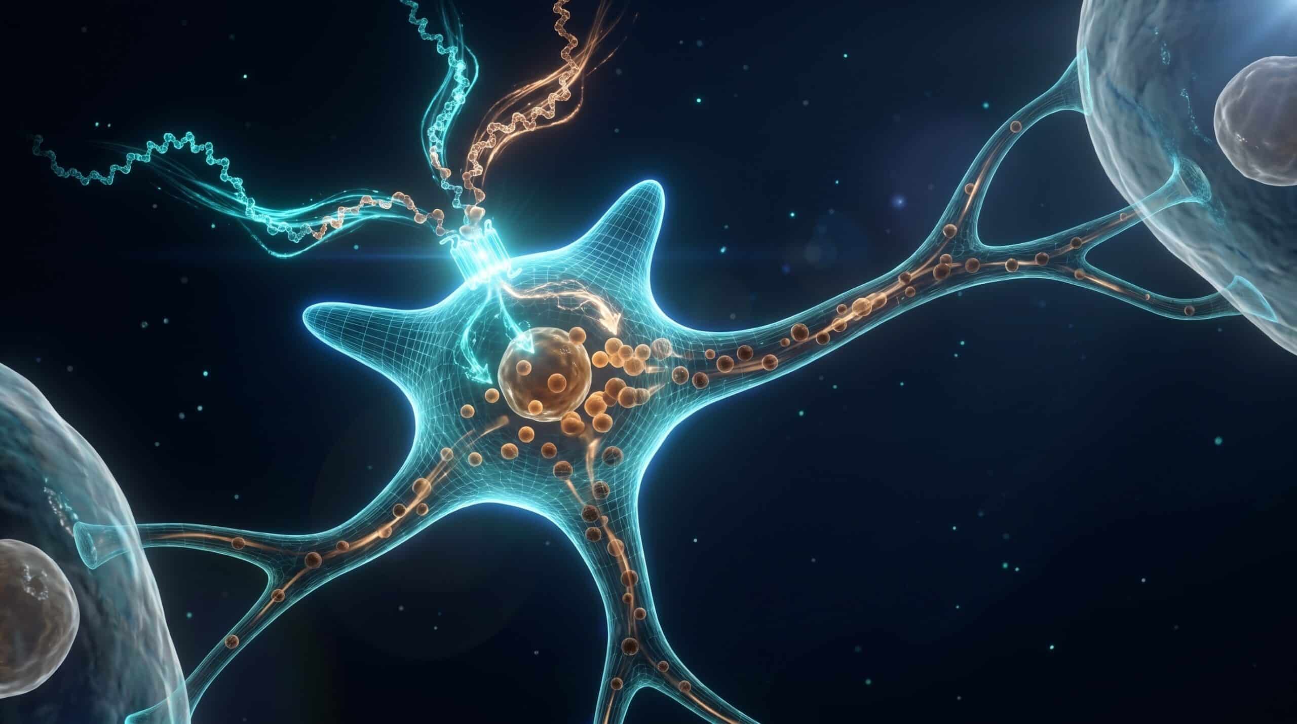 Illustration biotech de la mélanogenèse : mélanocyte activé via MC1R produisant des grains d'eumélanine, cascade lumineuse sur fond bleu nuit