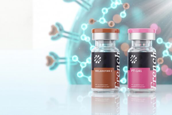 Flacons de peptides de recherche Melanotan 2 bronze et PT-141 rose French Peptides cote a cote, comparatif melanocortine