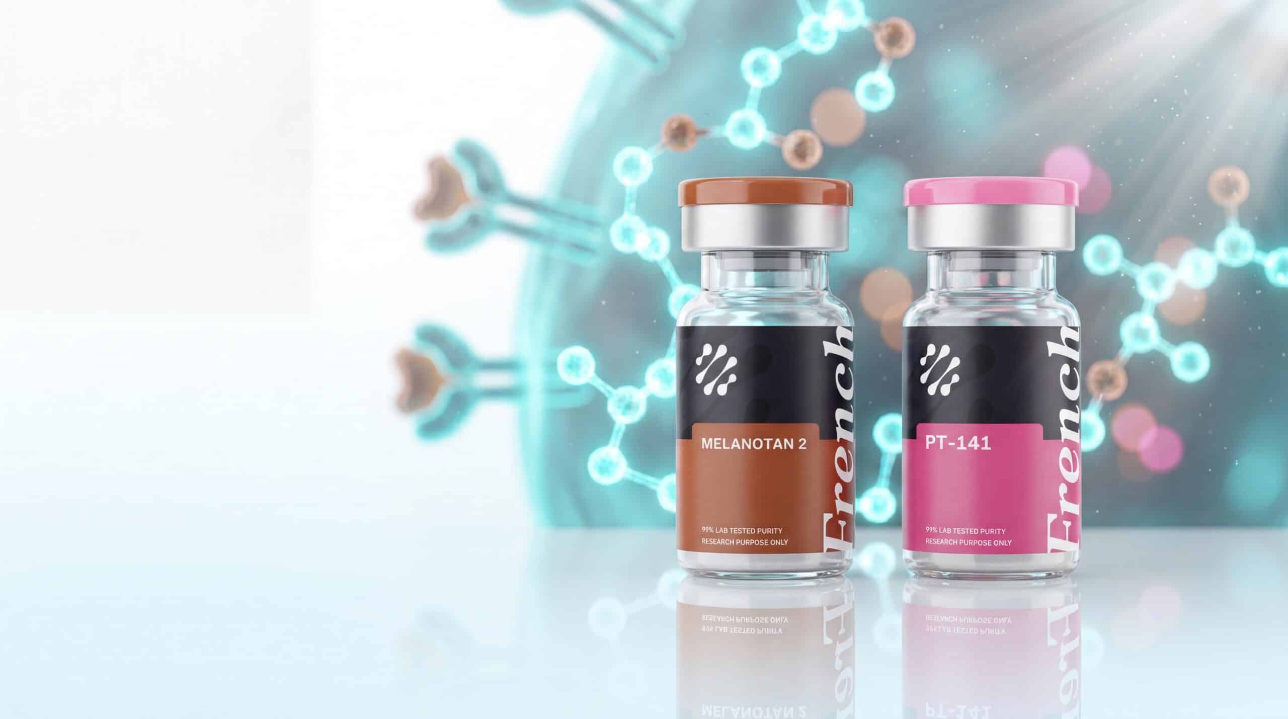 Flacons de peptides de recherche Melanotan 2 bronze et PT-141 rose French Peptides cote a cote, comparatif melanocortine