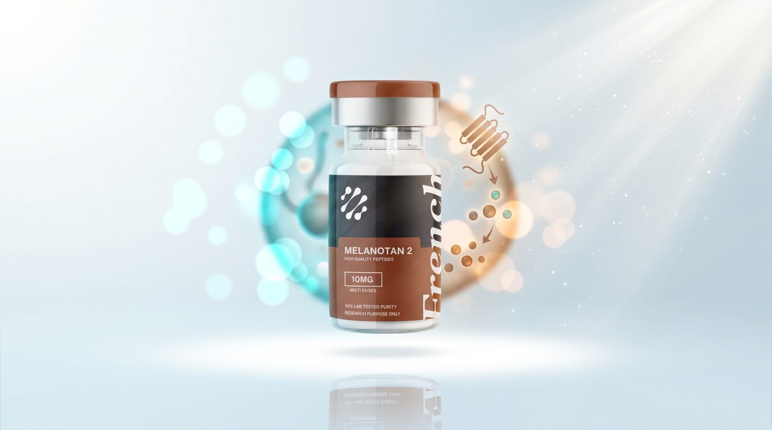 Flacon de peptide de recherche Melanotan 2 French Peptides sur fond clair, mélanocytes et cascade de pigmentation MC1R en arrière-plan