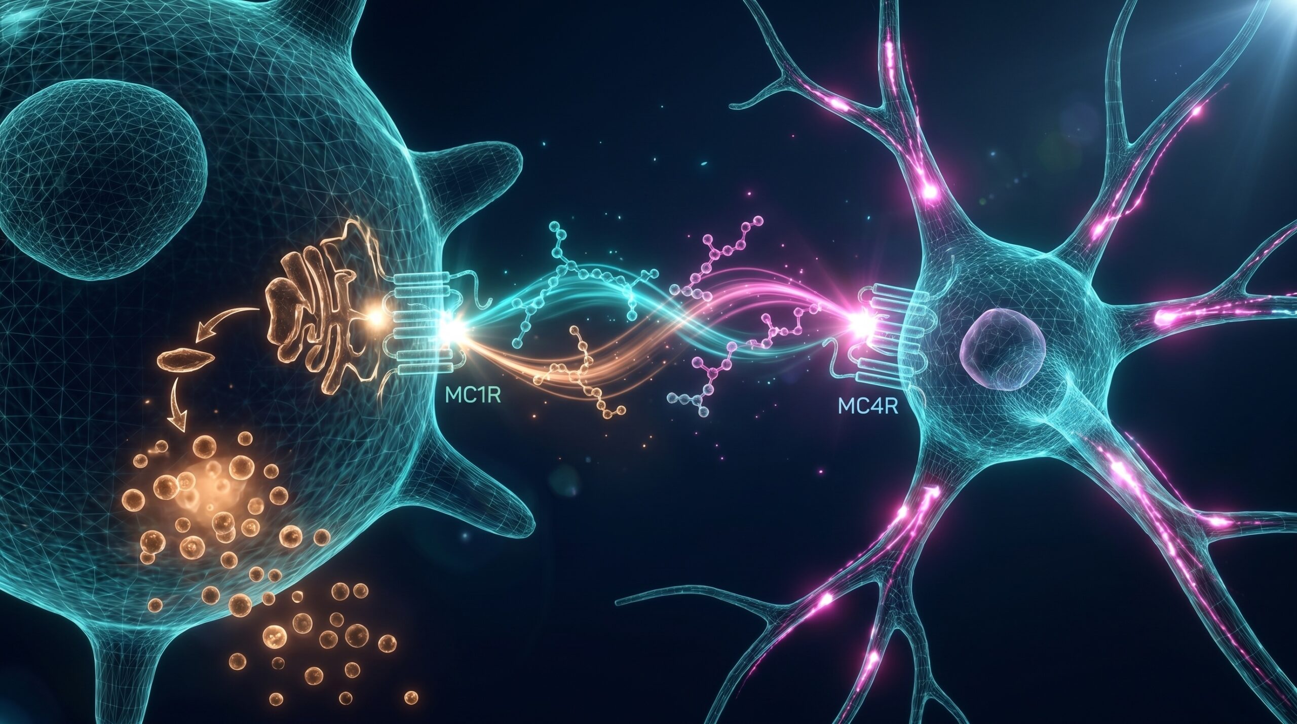 Illustration biotech des récepteurs mélanocortine MC1R et MC4R, deux voies de signalisation distinctes, chaînes peptidiques lumineuses sur fond bleu nuit