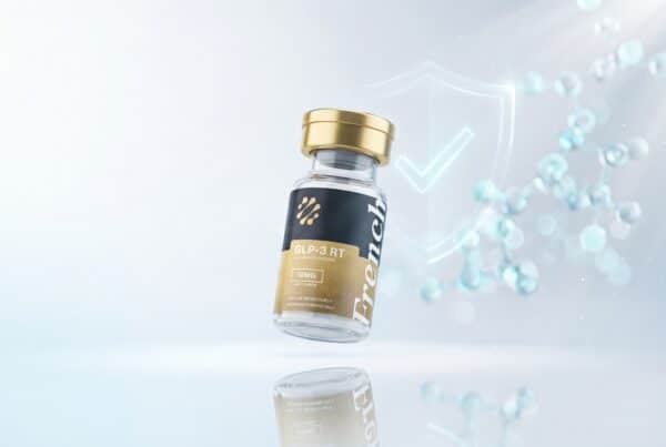 Flacon de peptide de recherche French Peptides authentifié, étiquette noir et or, bouclier de vérification