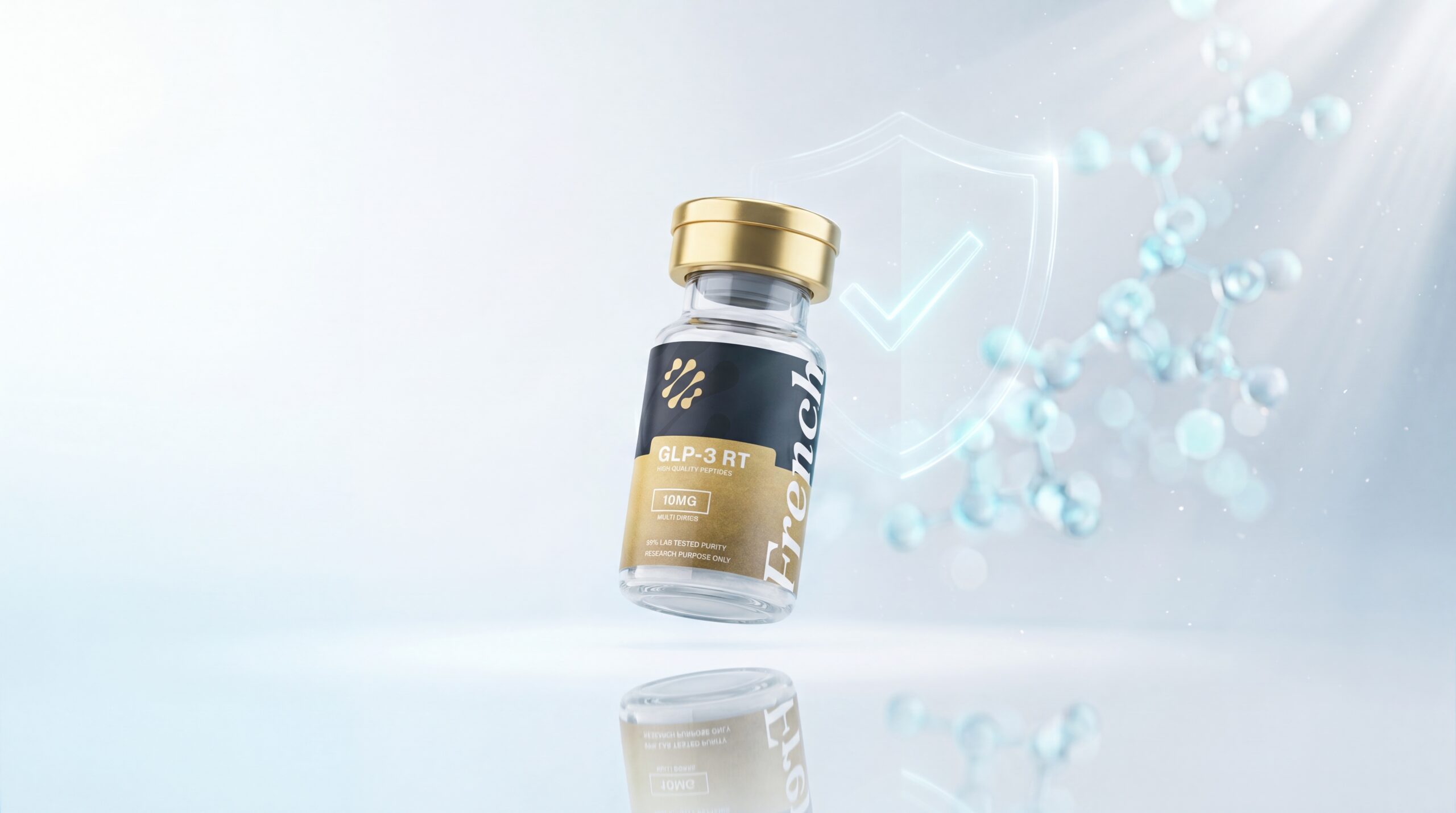 Flacon de peptide de recherche French Peptides authentifié, étiquette noir et or, bouclier de vérification