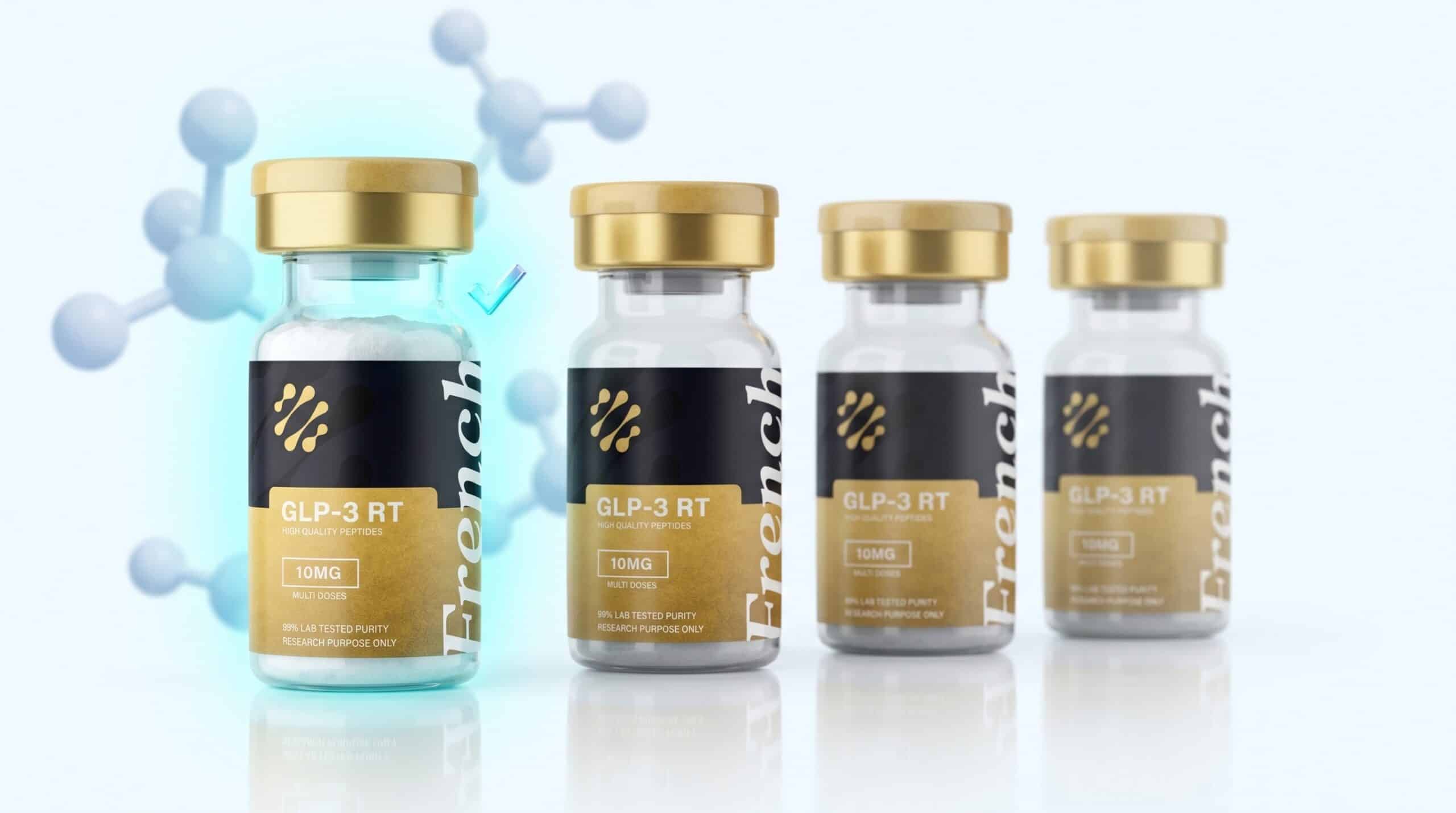 Rangée de flacons de peptides identiques avec quantités de poudre variables illustrant le sous-dosage