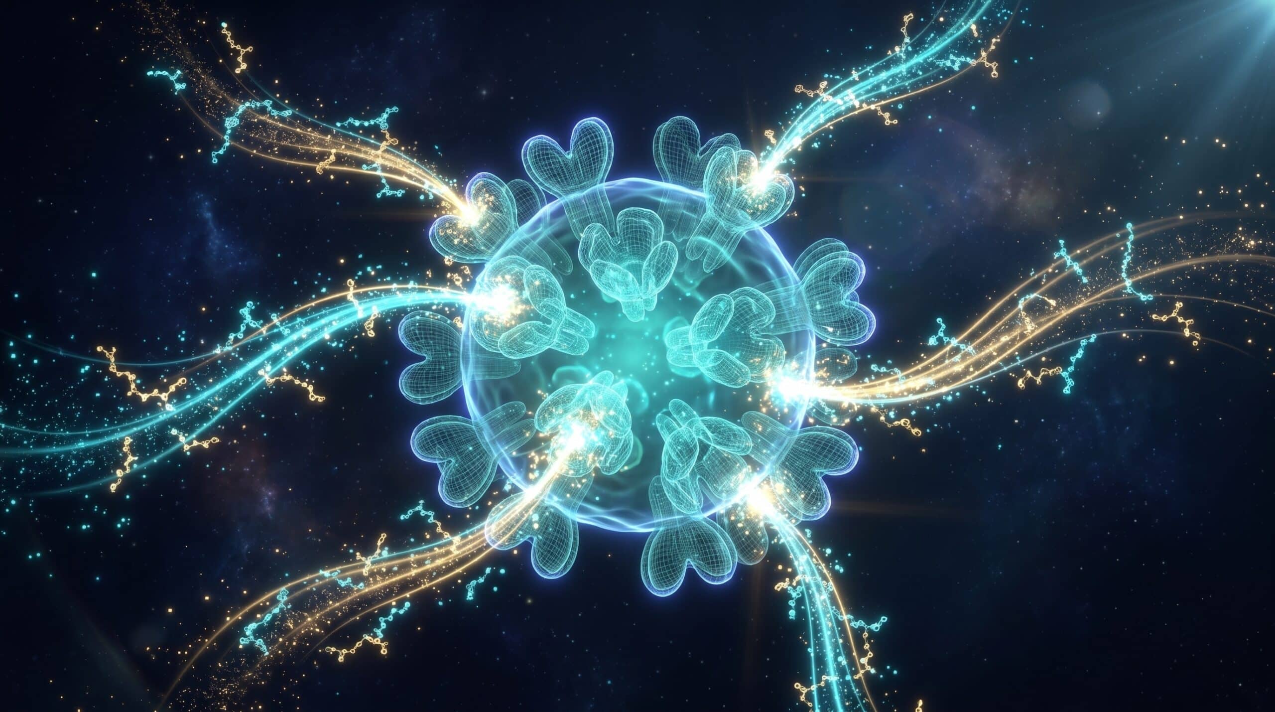 Visualisation biotech d'une chaîne peptidique convergeant vers une silhouette cellulaire, rendu 3D sombre cyan