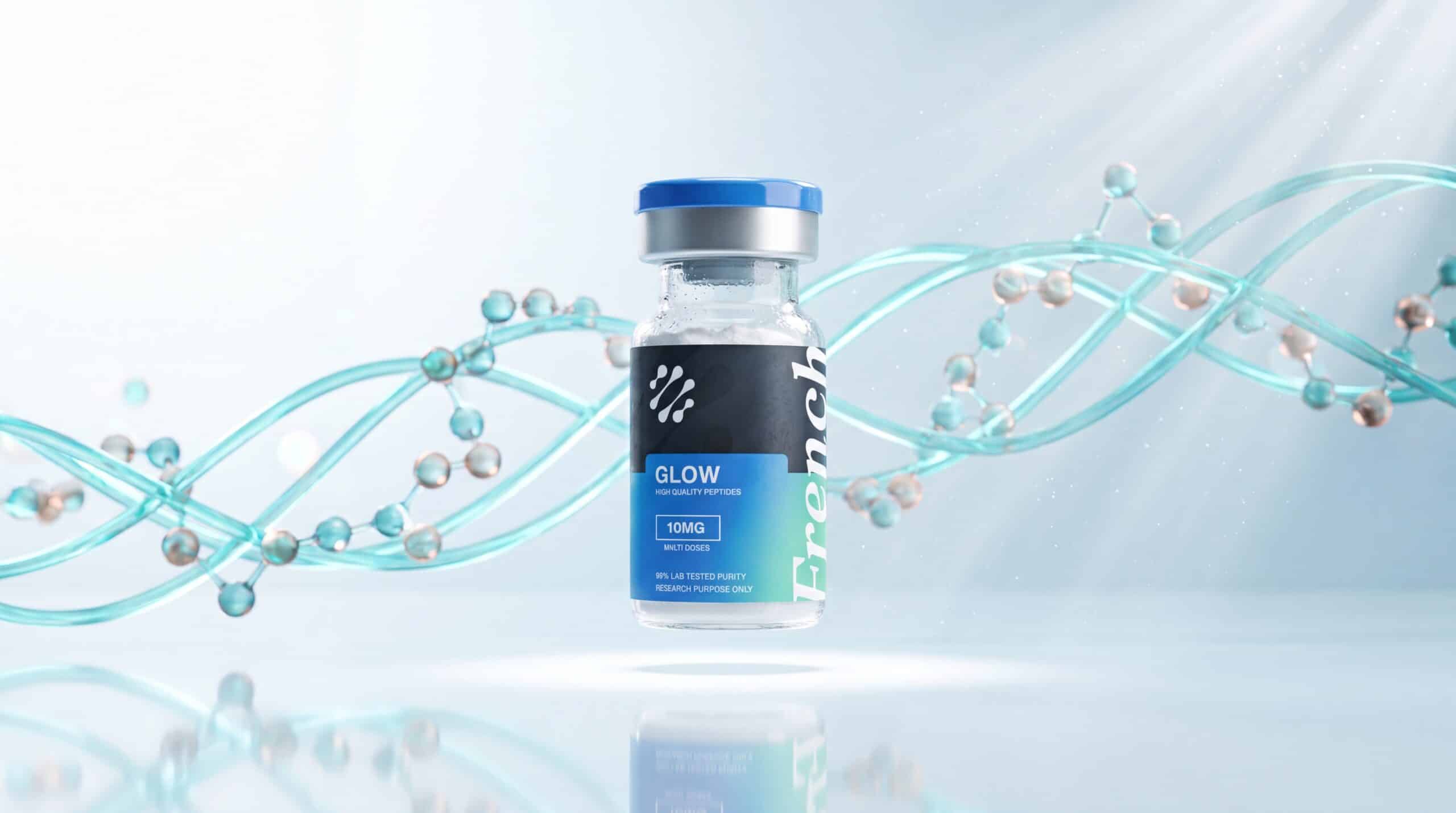 Flacon French Peptides Glow Blend avec double hélice de peptides cyan et cuivre, régénération cutanée