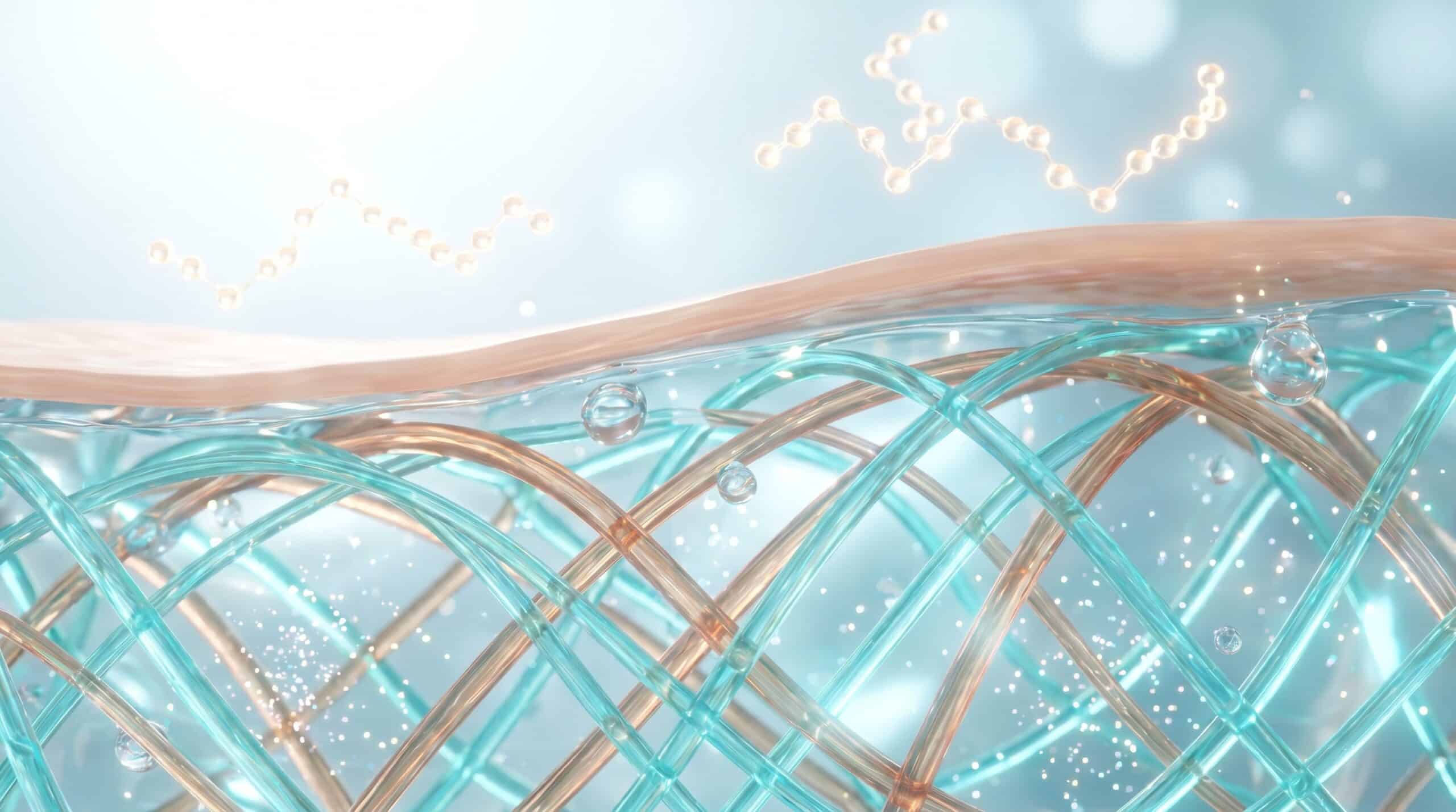 Visualisation scientifique de la régénération dermique, réseau de fibres de collagène et d'élastine lumineuses cyan et cuivre