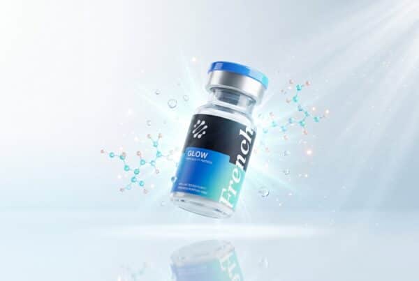 Flacon French Peptides Glow Blend avec halo de lumière radiant et gouttelettes, peptides pour la peau