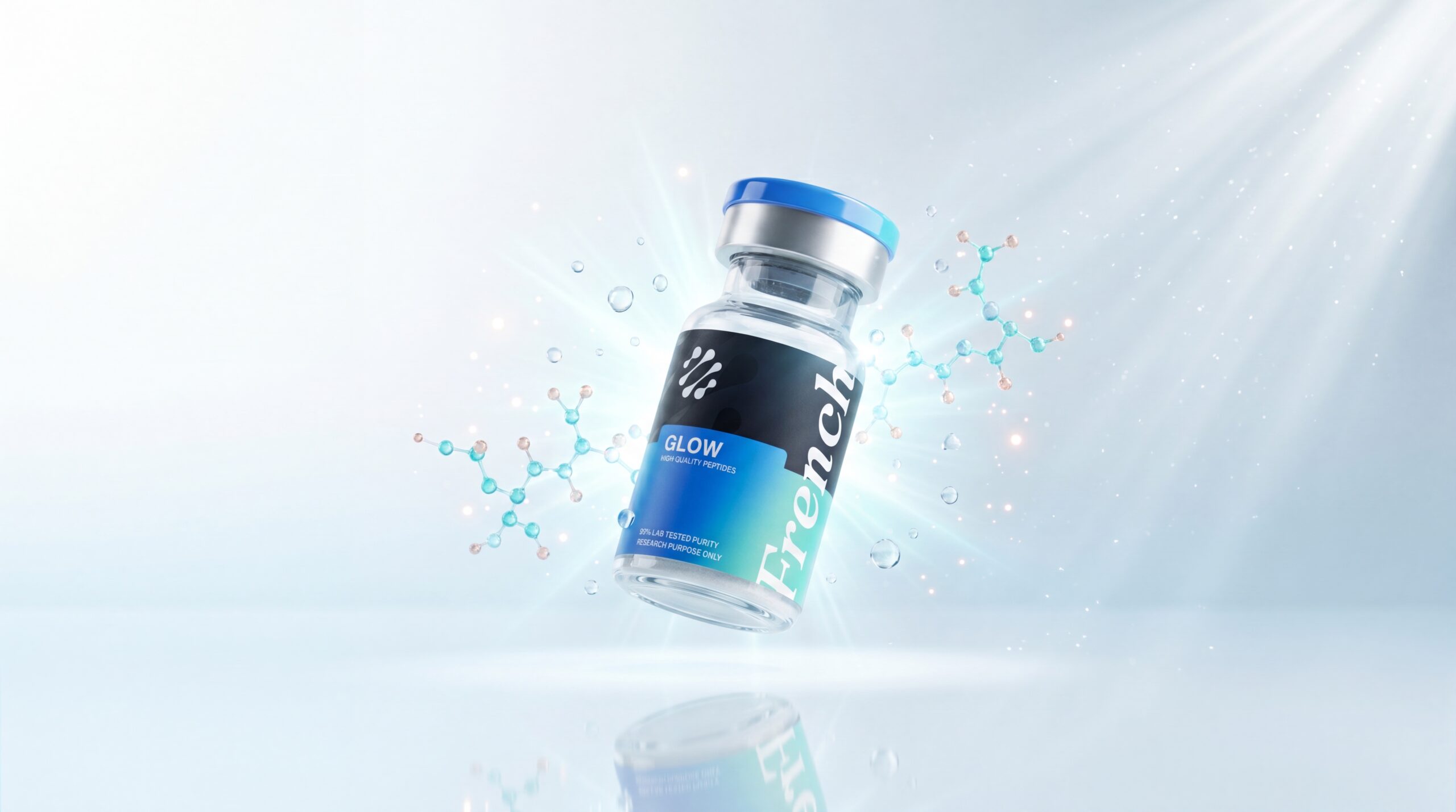 Flacon French Peptides Glow Blend avec halo de lumière radiant et gouttelettes, peptides pour la peau