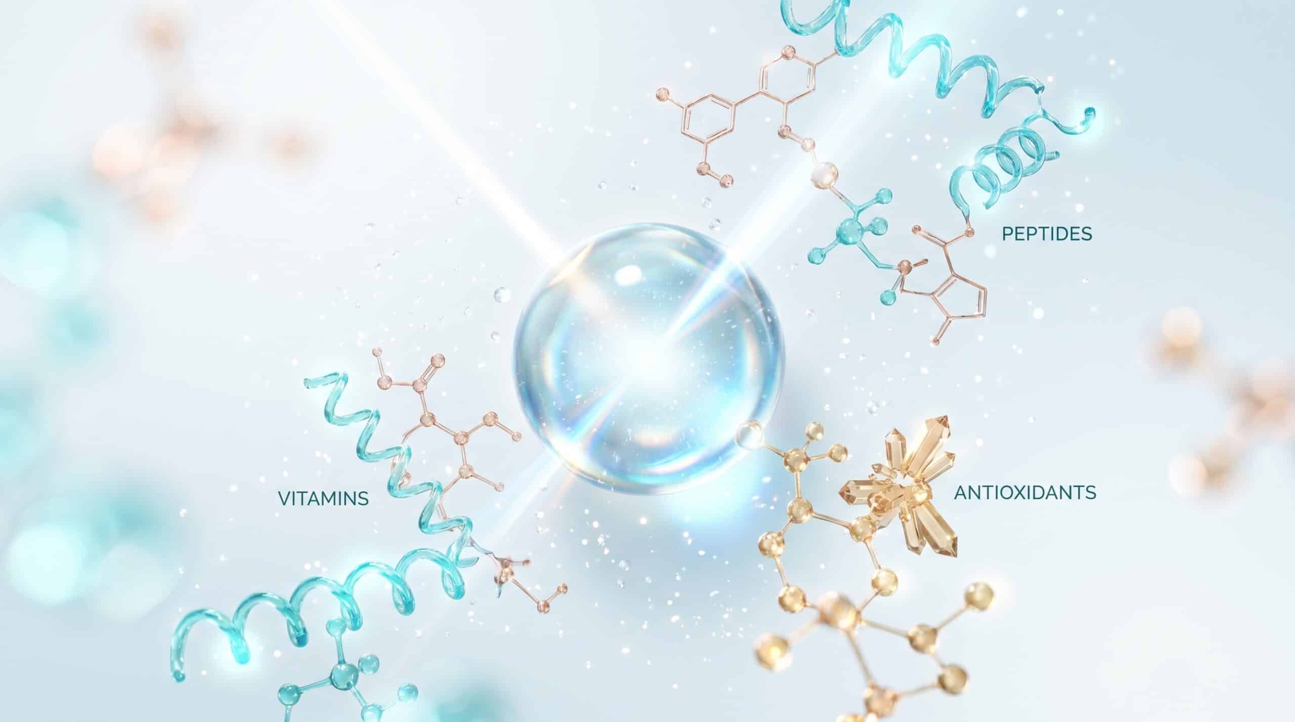 Visualisation d'actifs et antioxydants cutanés, goutte de sérum et molécules lumineuses cyan, cuivre et or