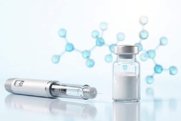 Stylo-injecteur pré-rempli HGH pharmacie type Norditropine à gauche et flacon de peptide GH-releasing recherche lyophilisé à droite sur surface blanche