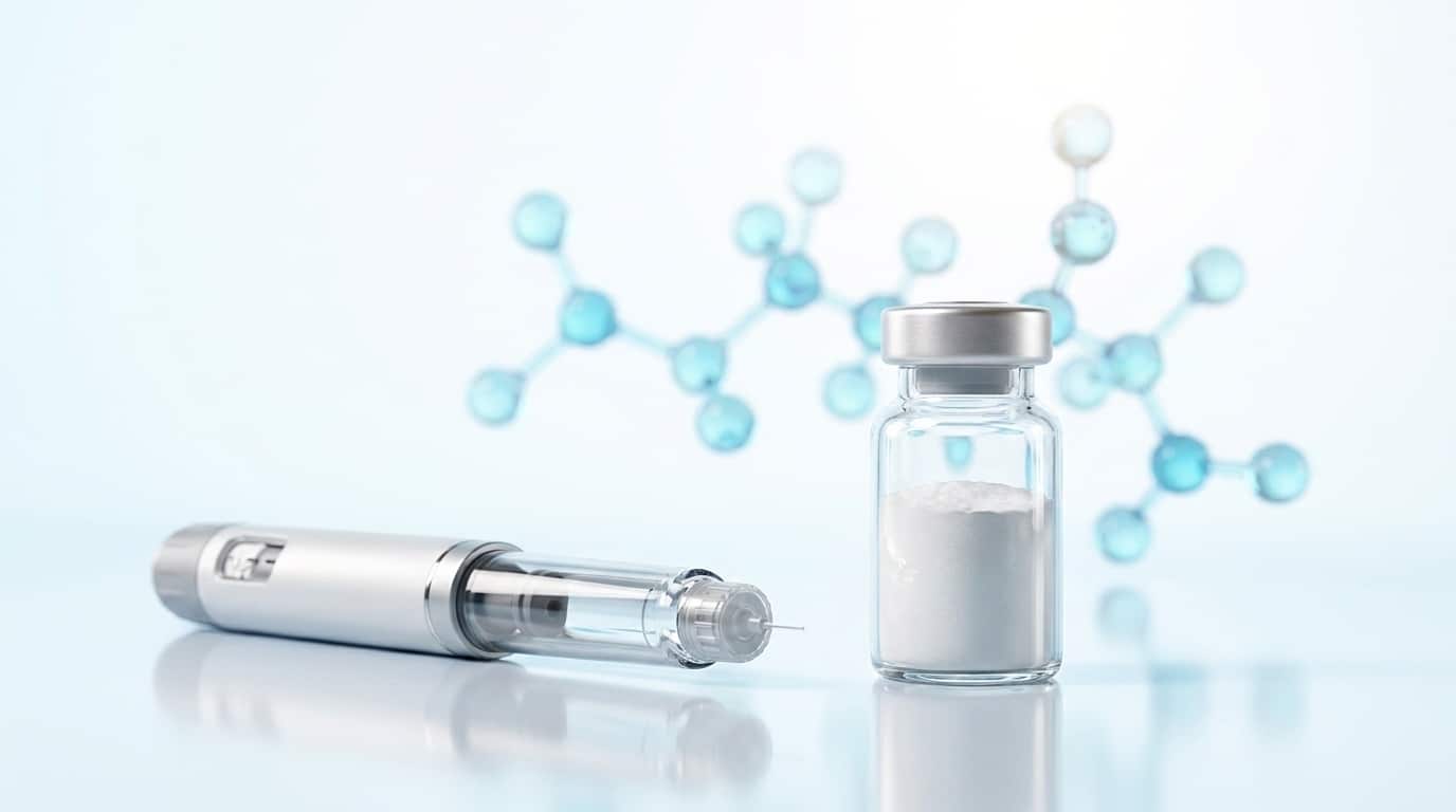 Stylo-injecteur pré-rempli HGH pharmacie type Norditropine à gauche et flacon de peptide GH-releasing recherche lyophilisé à droite sur surface blanche