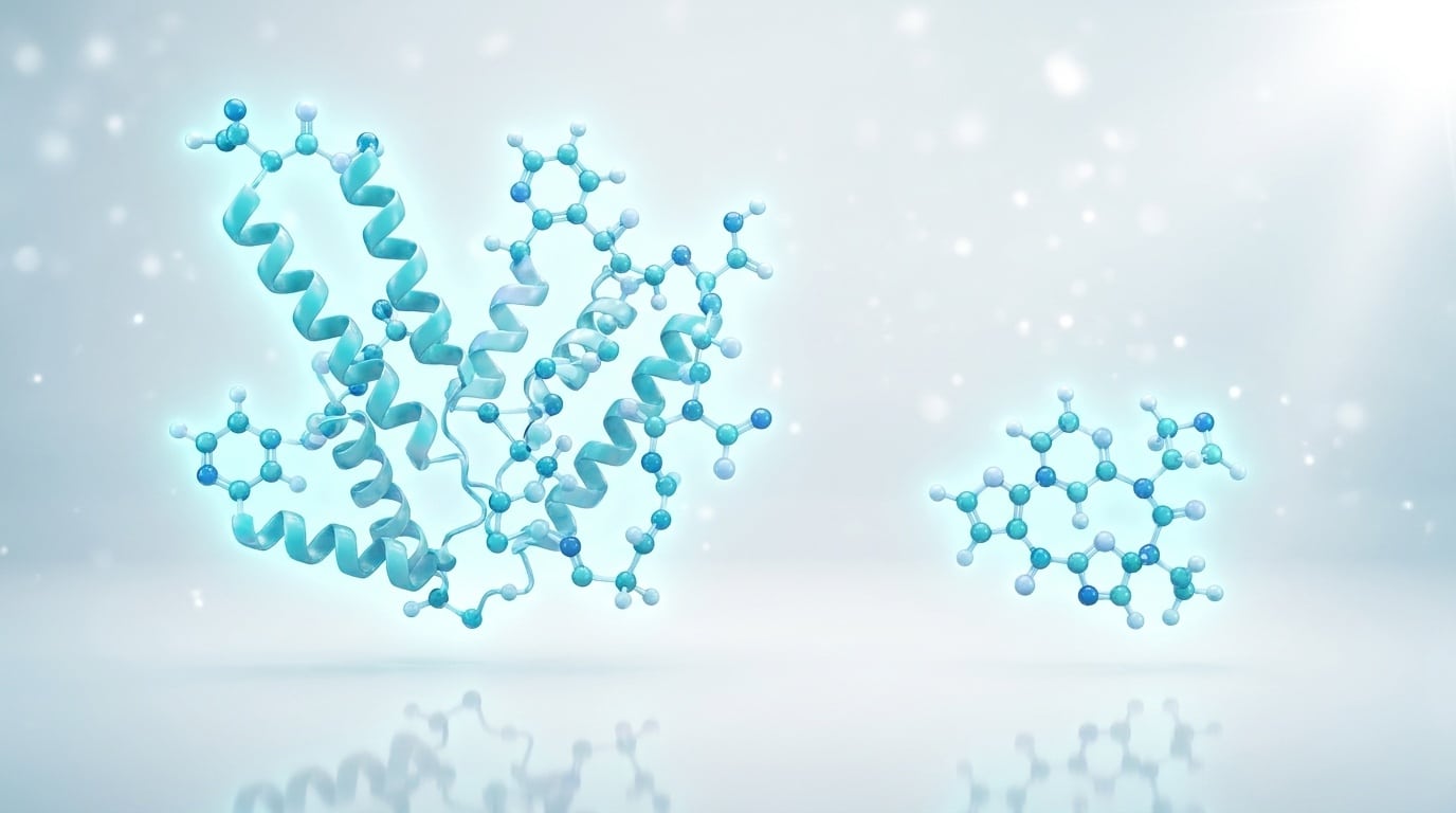Visualisation 3D ball-and-stick d un peptide GHRH 44 acides aminés à gauche versus un pentapeptide 5 AA à droite illustrant l écart de taille moléculaire