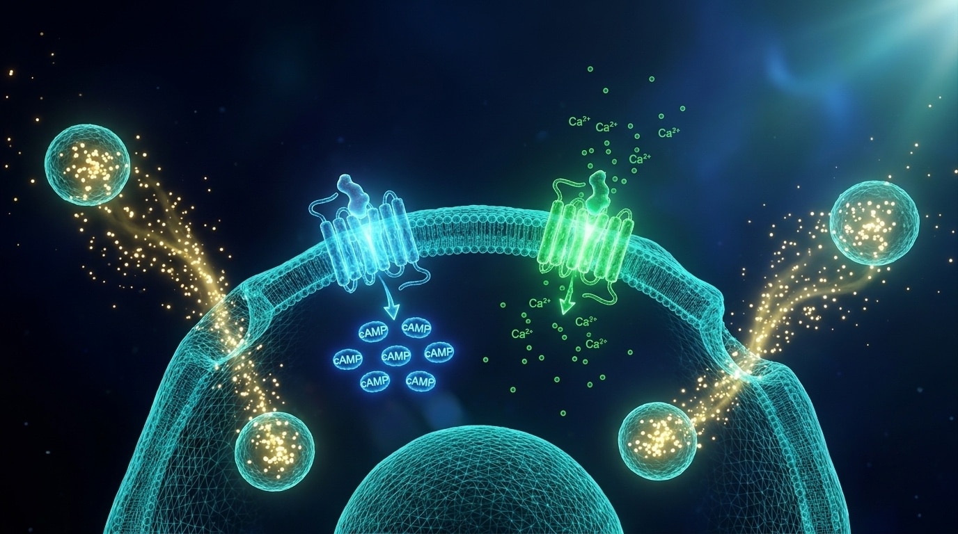 Vue cellulaire 3D d une somatotrope hypophysaire avec deux récepteurs GPCR activés simultanément GHRH-R cyan cAMP et GHS-R1a vert calcium libérant des vésicules de GH