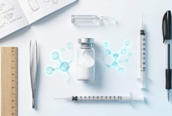 Vue plongeante en flat-lay knolling des outils de dosage CJC-1295 recherche flacon lyophilisat micropipette seringue insuline graduée ampoule eau bactériostatique carnet de laboratoire