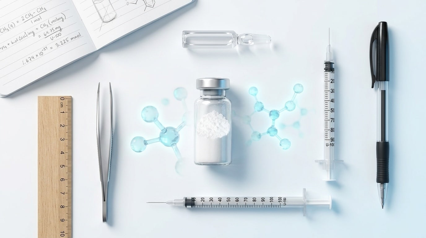 Vue plongeante en flat-lay knolling des outils de dosage CJC-1295 recherche flacon lyophilisat micropipette seringue insuline graduée ampoule eau bactériostatique carnet de laboratoire