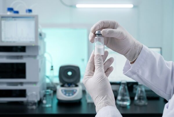 Mains gantées d un chercheur tenant un flacon de peptide tesamoreline transparent dans un environnement de laboratoire pharmaceutique avec chromatographe HPLC en arrière-plan flou éclairage cinématographique