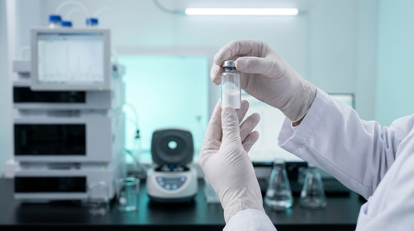 Mains gantées d un chercheur tenant un flacon de peptide tesamoreline transparent dans un environnement de laboratoire pharmaceutique avec chromatographe HPLC en arrière-plan flou éclairage cinématographique