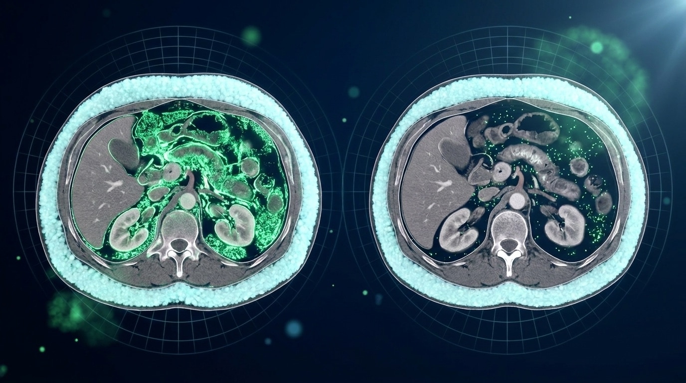 Visualisation médicale type IRM ou tomodensitométrie d une coupe transversale abdominale montrant la graisse viscérale en cyan et la graisse sous-cutanée en bleu pâle avec deux états comparatifs baseline versus réduction
