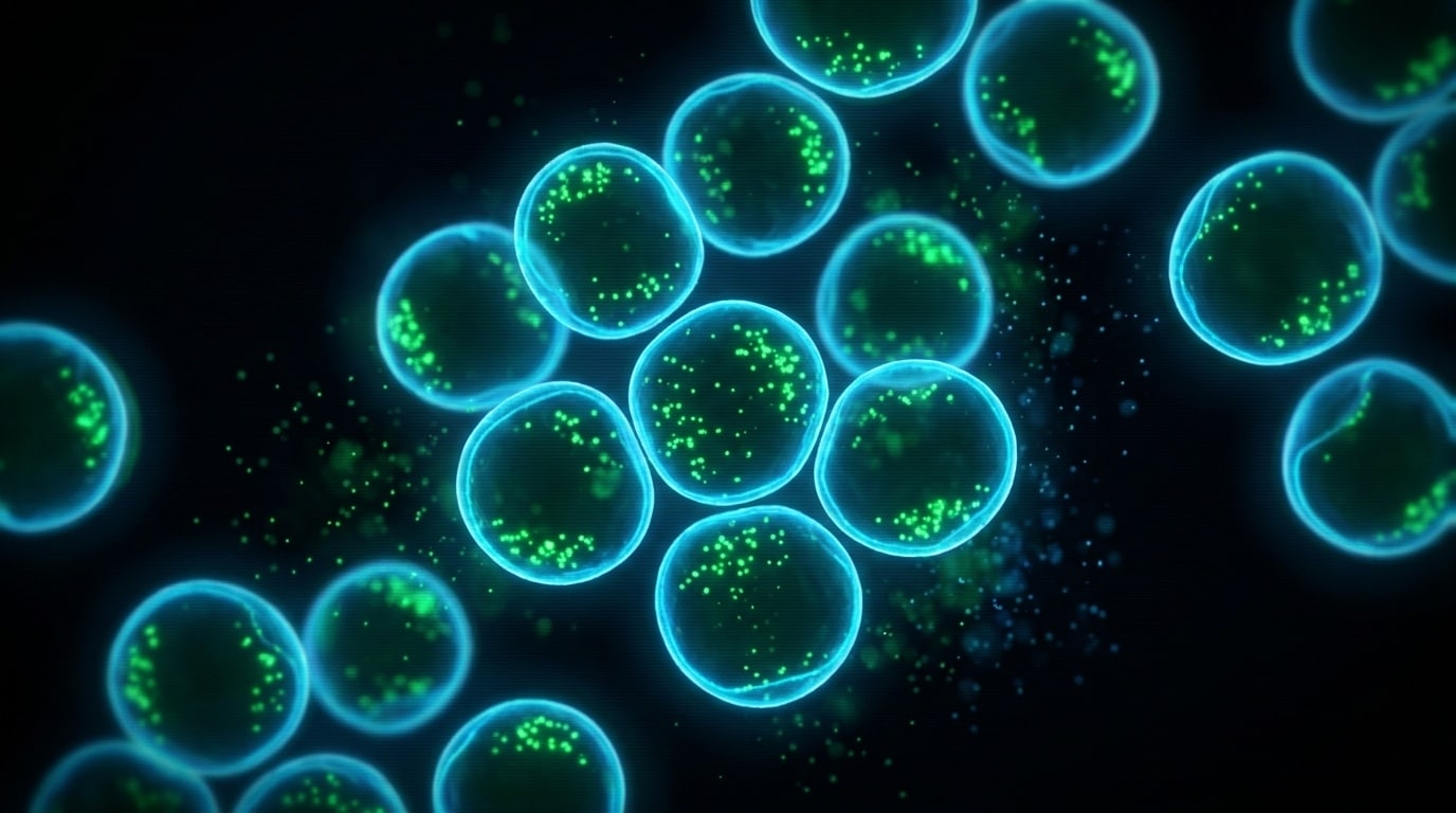 Microscopie de fluorescence représentant des adipocytes en culture cellulaire avec marquage cyan et émeraude des récepteurs GHRH sur fond noir profond style imagerie scientifique