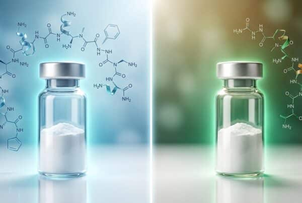 Composition split-screen versus comparant deux flacons de peptide recherche côte à côte BPC-157 à gauche avec halo cyan-bleu et TB-500 à droite avec halo émeraude-ambre