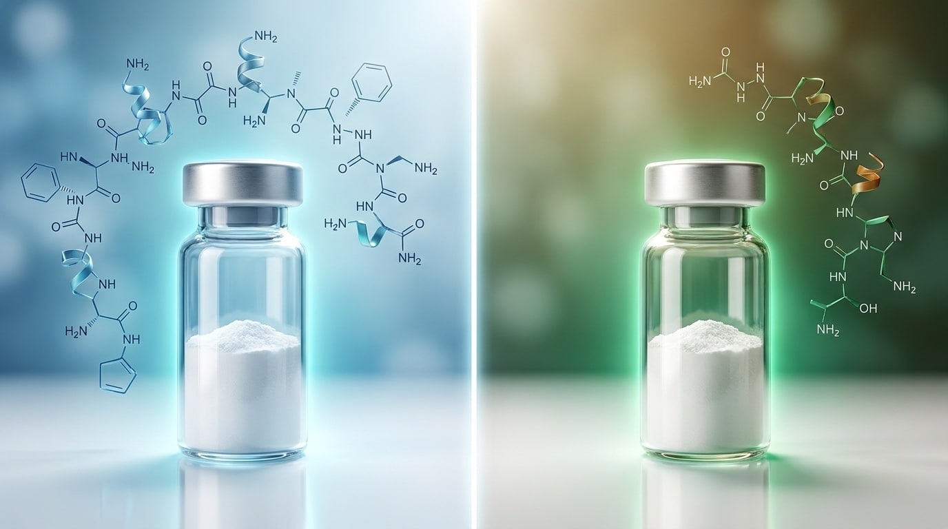 Composition split-screen versus comparant deux flacons de peptide recherche côte à côte BPC-157 à gauche avec halo cyan-bleu et TB-500 à droite avec halo émeraude-ambre