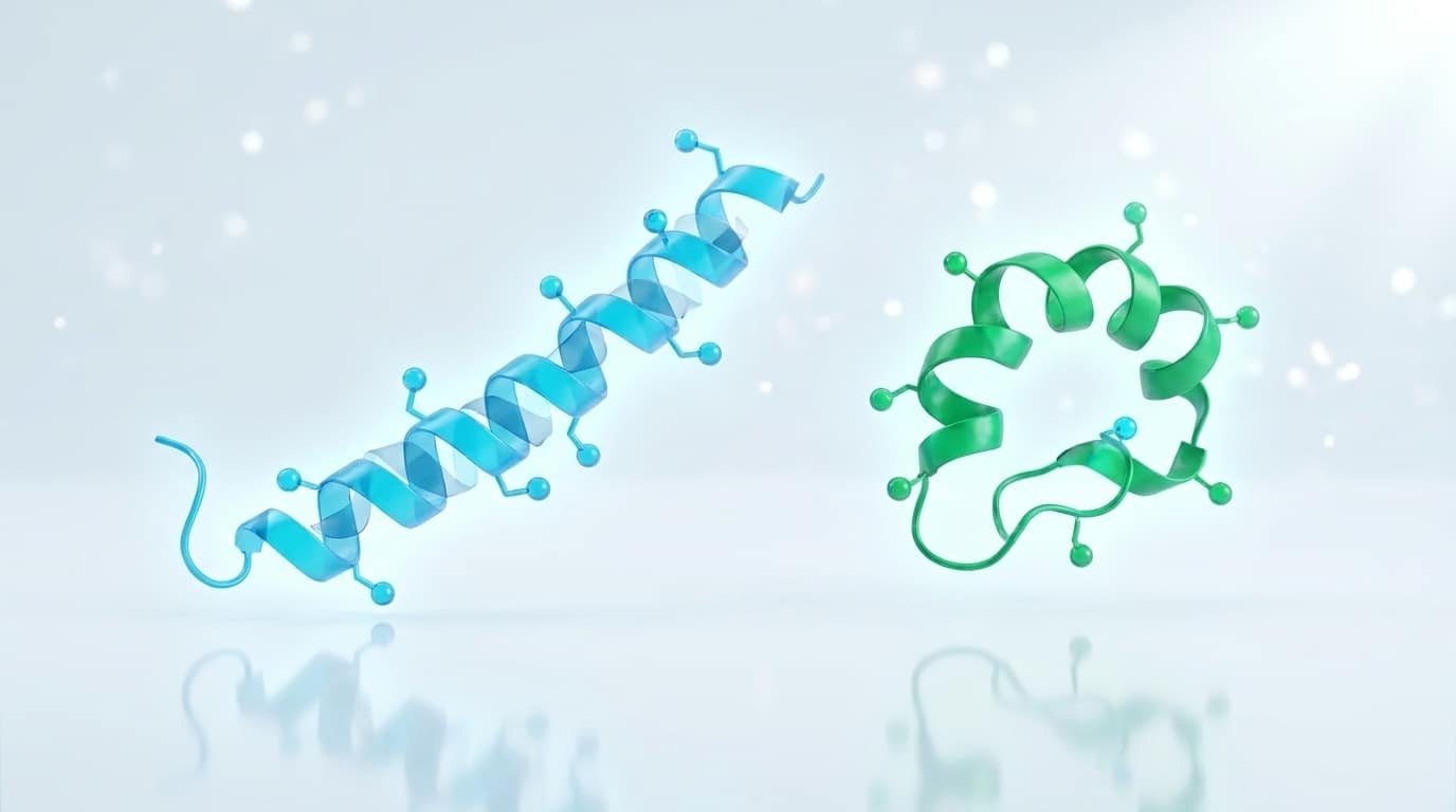 Visualisation 3D de deux structures protéiques en ruban side-by-side BPC-157 pentadecapeptide à gauche en cyan et TB-500 heptapeptide à droite en émeraude flottant sur fond blanc reflétant pâle bleu