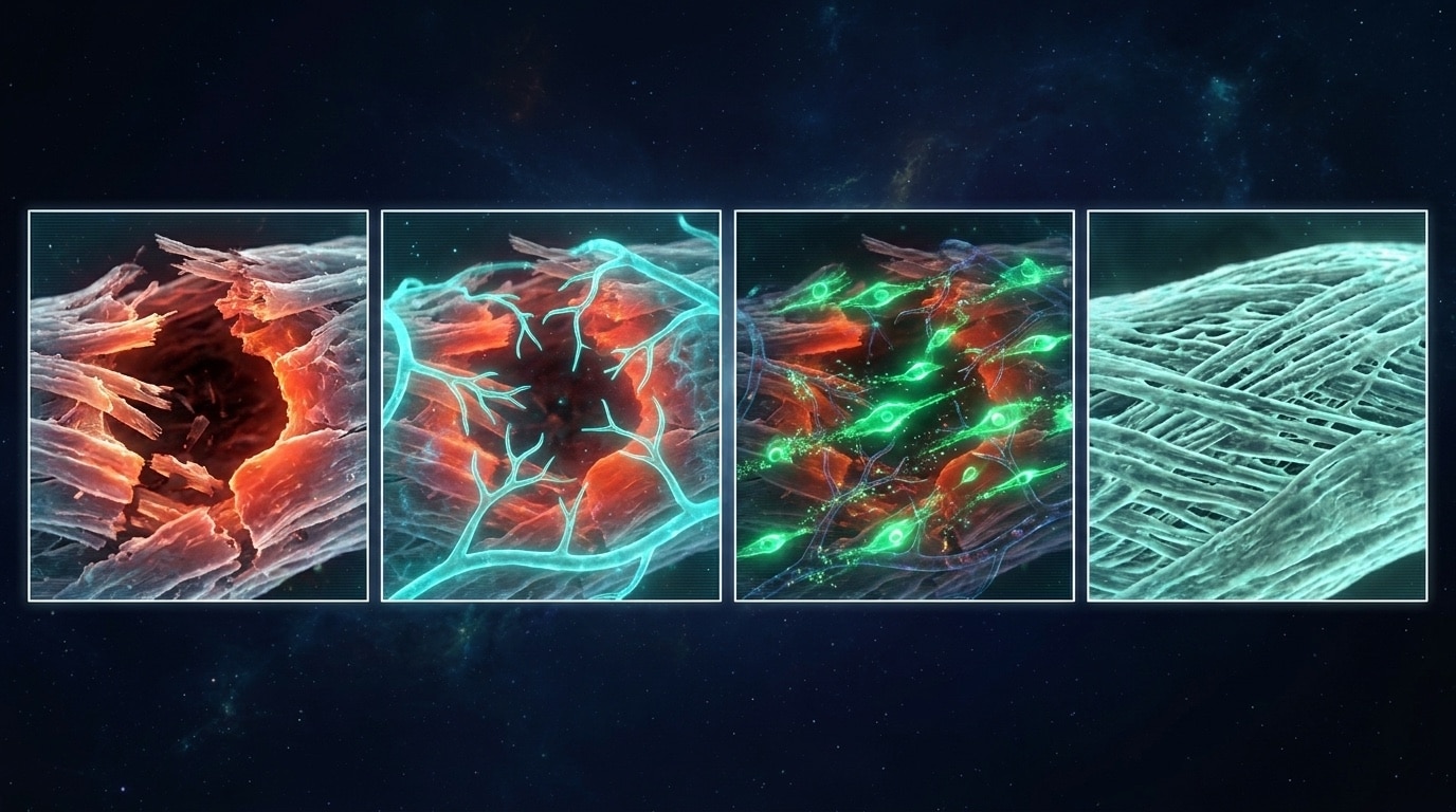 Cascade de régénération tissulaire en 4 panels successifs depuis le tissu lésé jour 0 vers la cicatrisation complète jour 14 avec progression cellulaire migration angiogenèse réparation matrice extracellulaire visualisée en imagerie microscopique fluorescence cyan émeraude