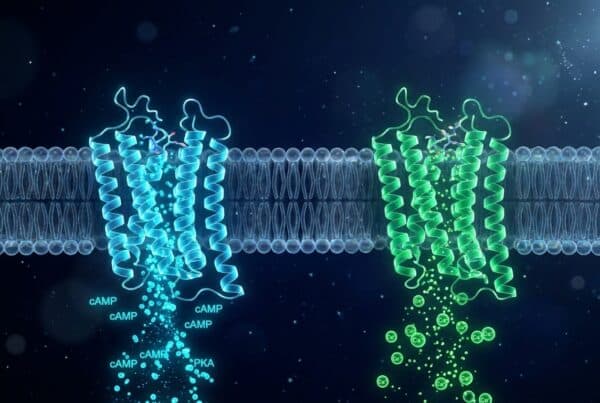 Visualisation 3D de docking récepteur-ligand comparatif GHRH-R activé par CJC-1295 à gauche et GHS-R1a activé par ipamorelin à droite avec représentation des cascades intracellulaires cAMP cyan et calcium émeraude