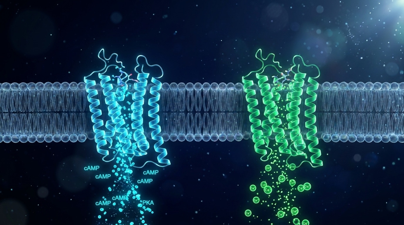Visualisation 3D de docking récepteur-ligand comparatif GHRH-R activé par CJC-1295 à gauche et GHS-R1a activé par ipamorelin à droite avec représentation des cascades intracellulaires cAMP cyan et calcium émeraude