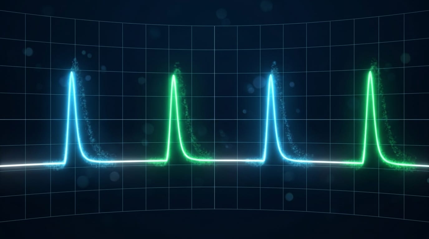 Visualisation oscilloscope éditoriale de pulses GH plasmatique sur grille temporelle dark navy avec spikes répétés cyan et émeraude correspondant aux administrations de peptides sécrétagogues