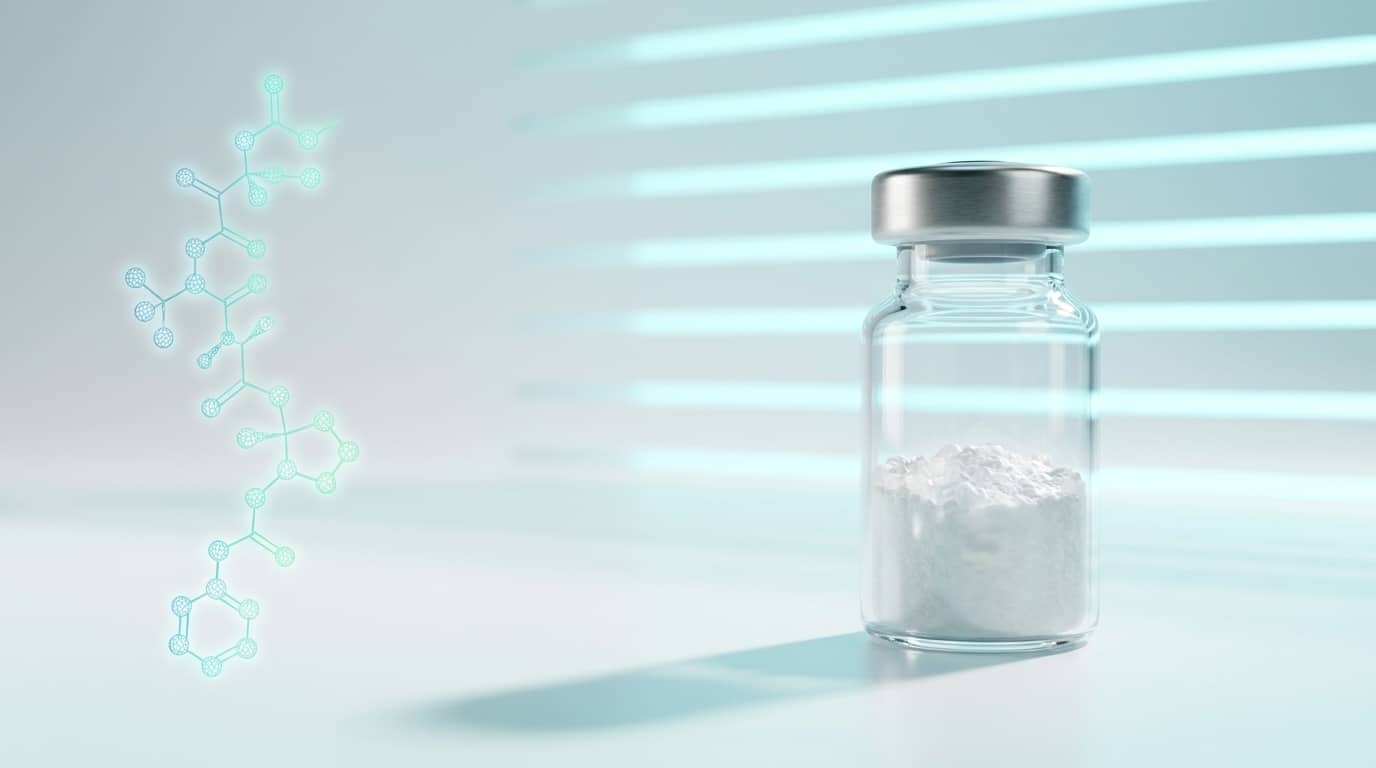 Vial de peptide de recherche sur fond blanc, design pharma éditorial moderne pour le marché belge
