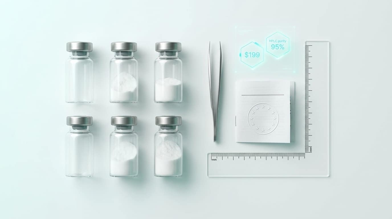 Six vials de peptides de recherche en flat-lay knolling overhead avec accessoires laboratoire — comparatif marché belge