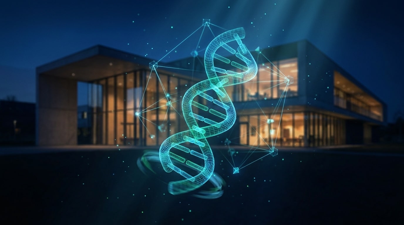 Structures peptidiques 3D cyan émeraude sur fond architecture universitaire belge — recherche académique 2025-2026