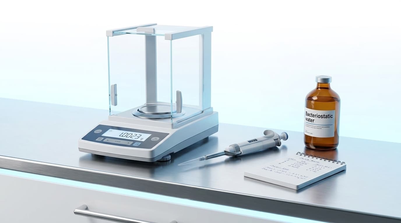 Paillasse de laboratoire pharmaceutique de recherche avec balance analytique de précision, micropipette électronique et bouteille d'eau bactériostatique pour la préparation rigoureuse des protocoles peptides